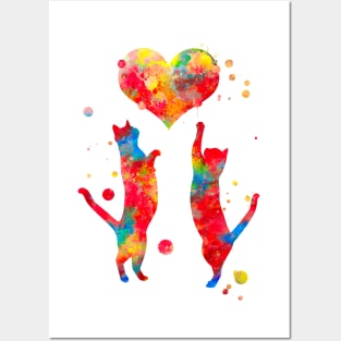 Cat Couple With Heart Watercolor Painting Posters and Art